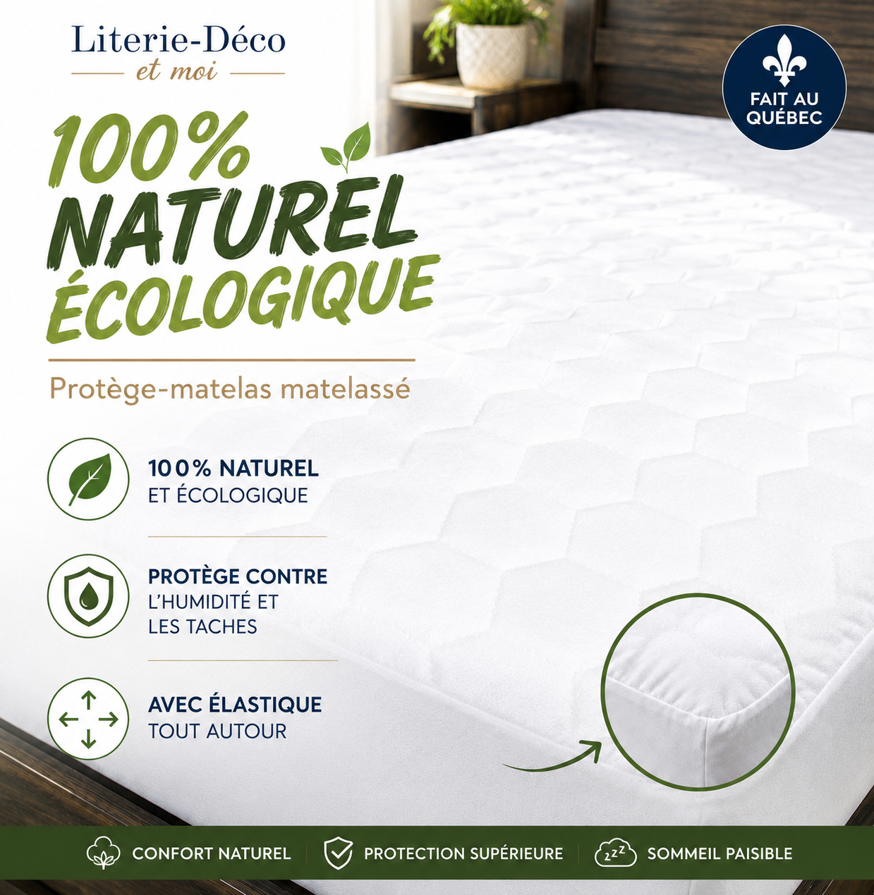 ( Fait au Québec )- Protège-matelas matelassé 100% NATUREL ÉCOLOGIQUE. ( avec élastique tout autour) (Copie) - protège-matelas Zénima - Literie-Déco et moi