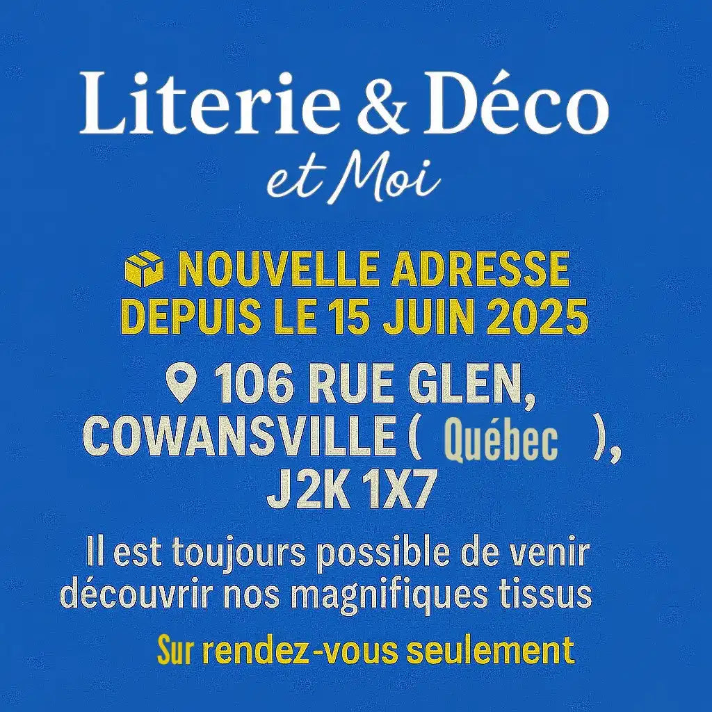 106 rue Glen Cowansville Québec J2K 1X7 enseigne de magasin de tissu.