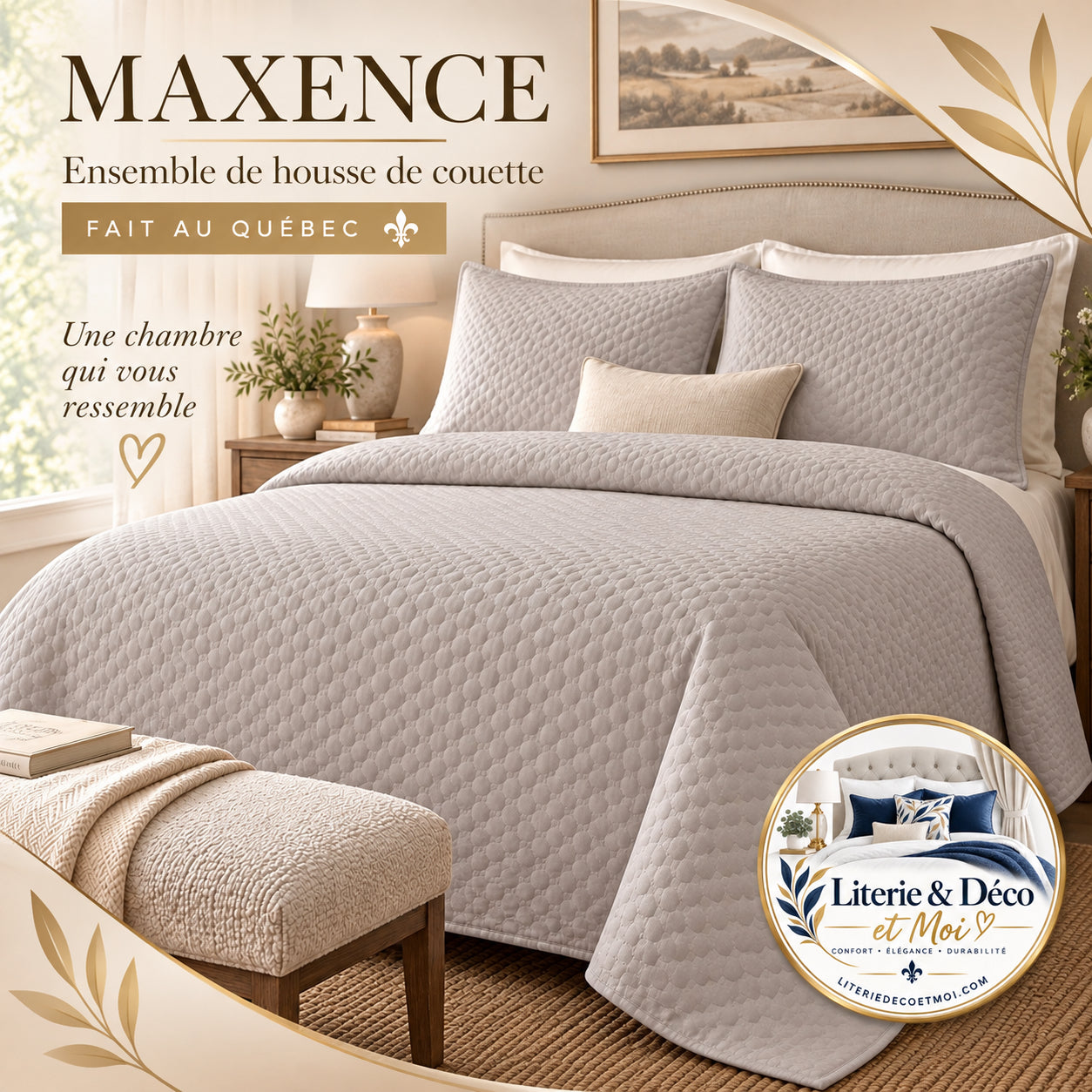 FAIT AU QUÉBEC- Ensemble de housse de couette MAXENCE ( gris pâle ) - Housse de couette CHÉNÉ - Literie-Déco et moi