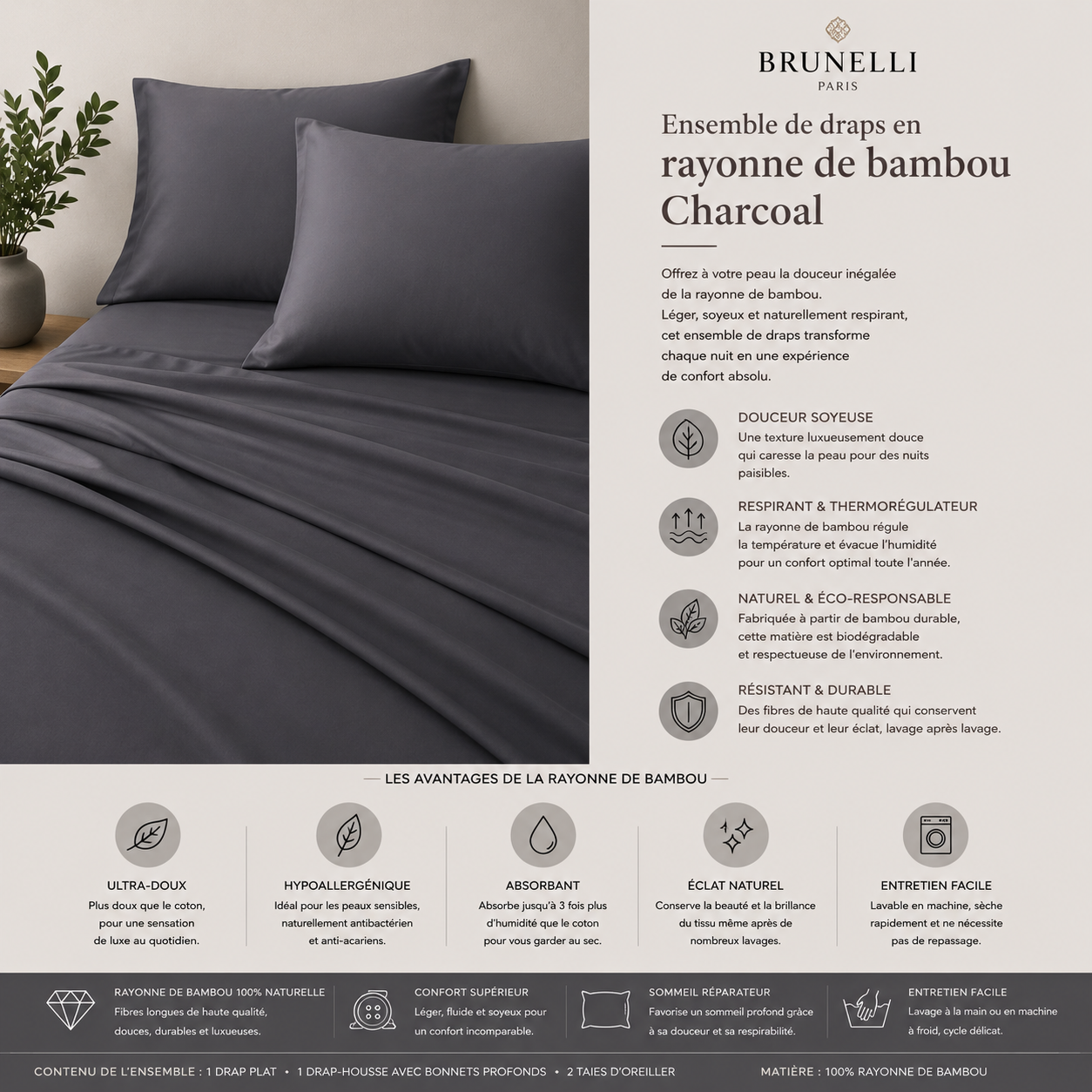 Ensemble de draps en rayonne de bambou Charcoal- Par Brunelli - Draps Brunelli - Literie-Déco et moi