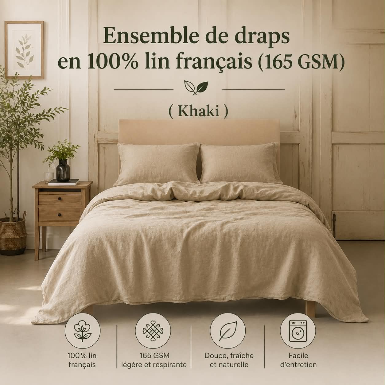 Ensemble de draps en 100% lin francais (165 GSM) -Khaki - Draps Literie & Déco et moi - Literie-Déco et moi