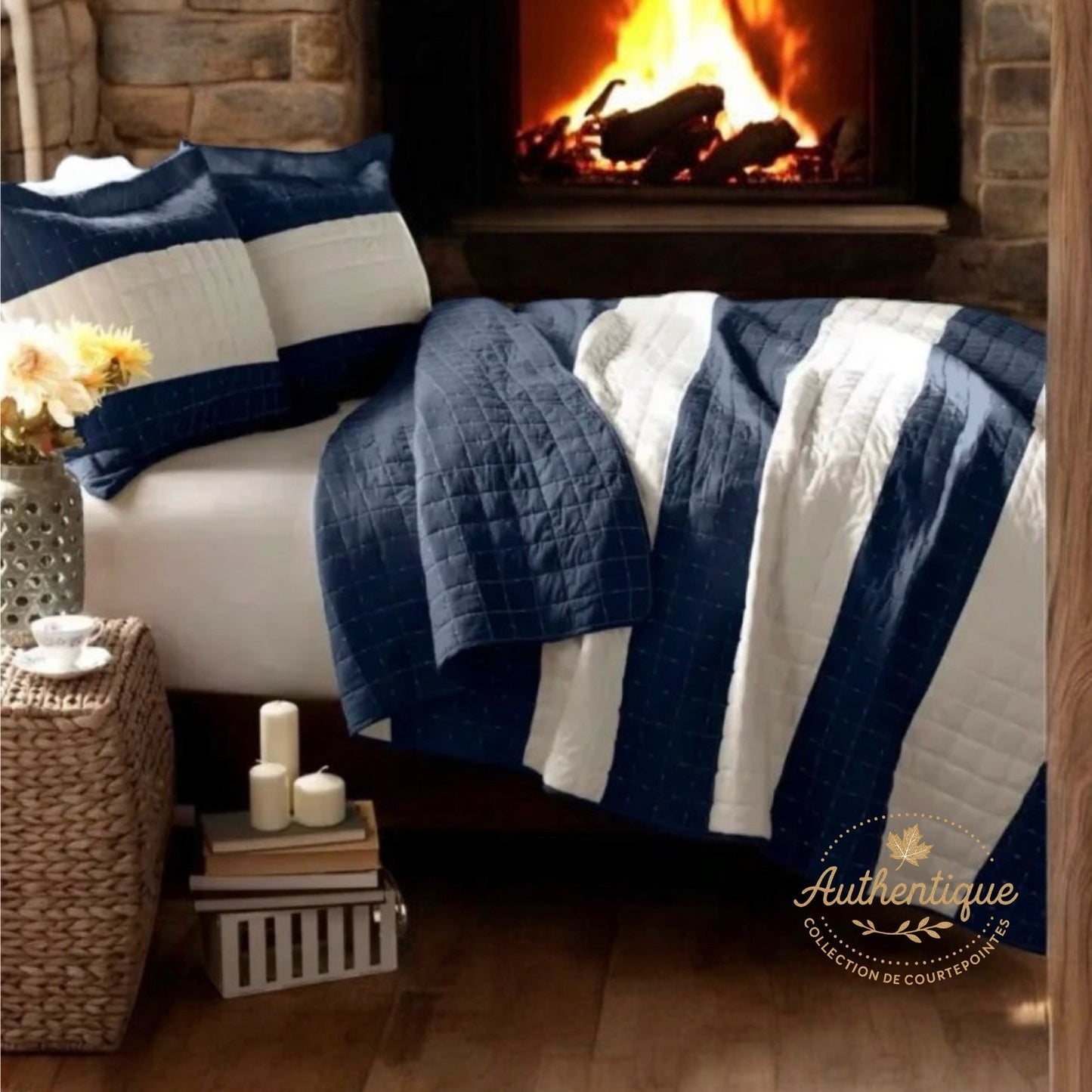 Ensemble de courtepointe rayée ANNA ( Marine ) - Literie - Déco et moi