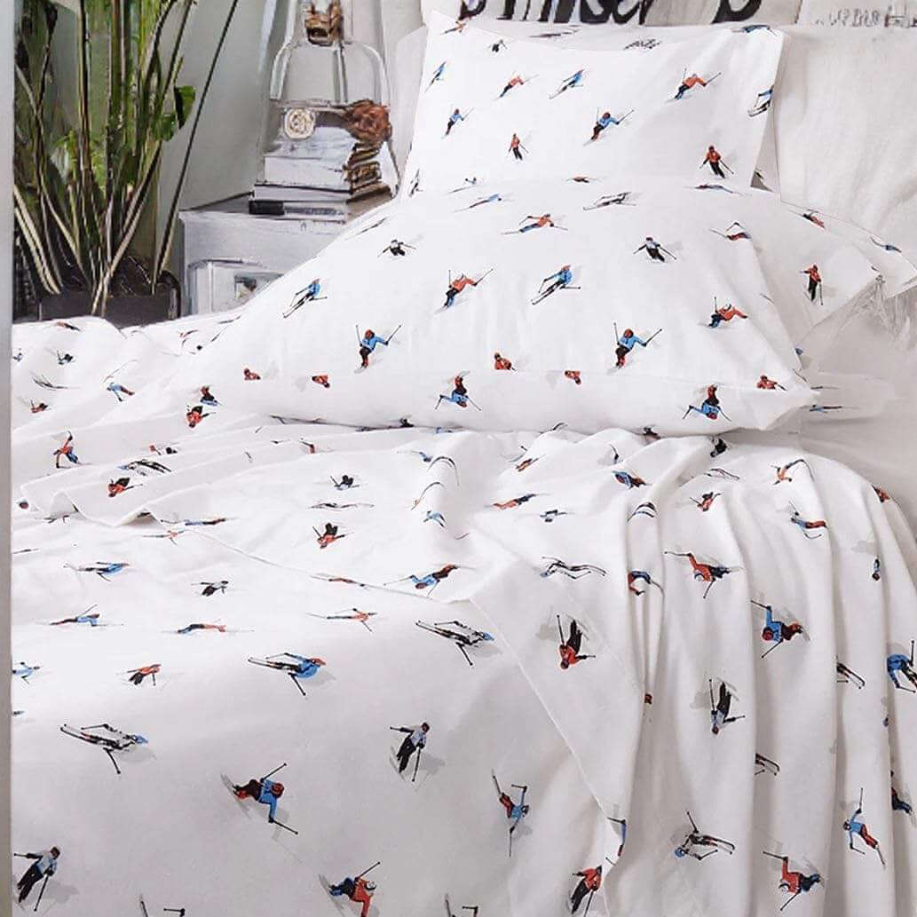 Ensemble de draps imprimés en flanelle SKIEURS Draps ,disponible chez Literie-Déco et moi