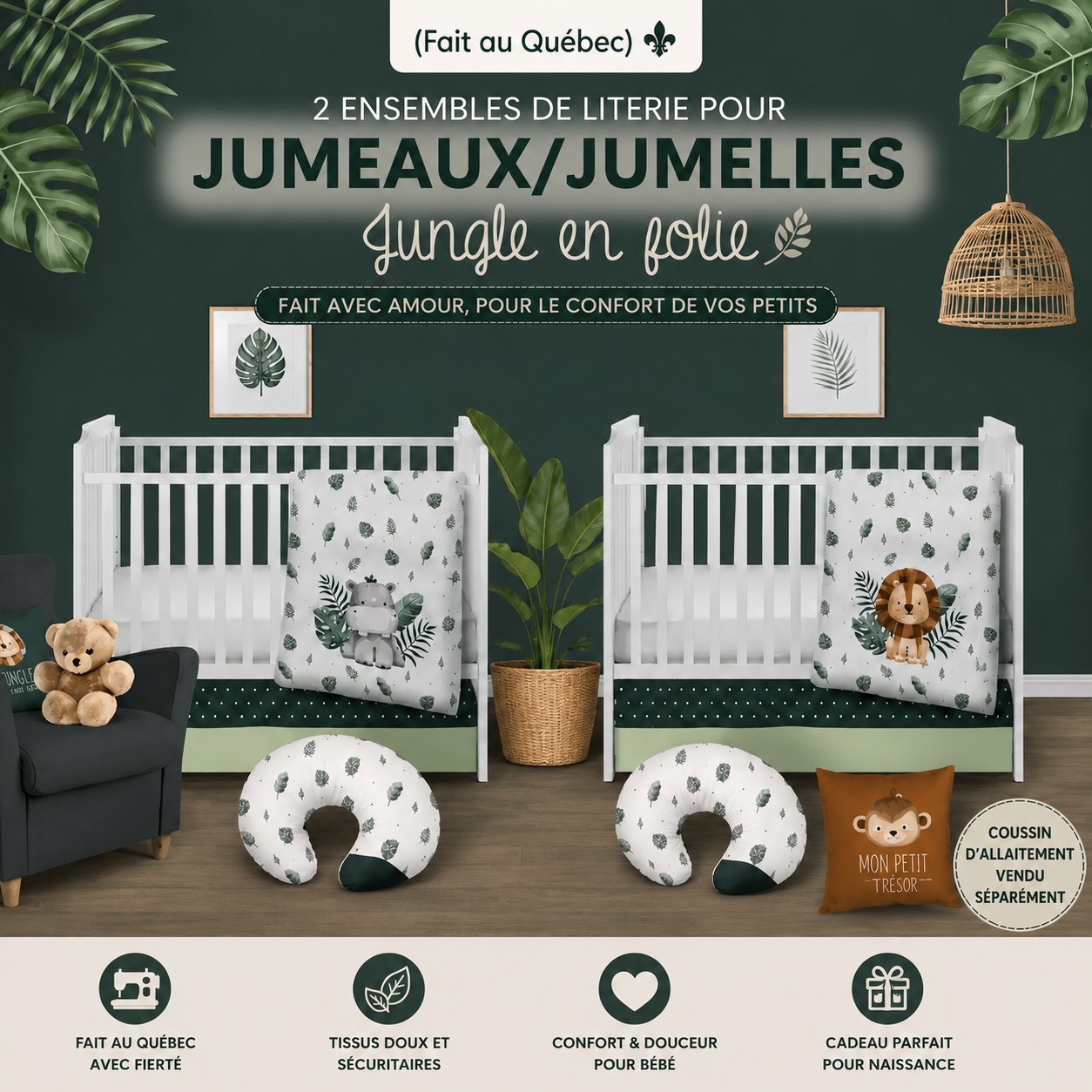 ( Fait au Québec) 2 ensembles de literie pour JUMEAUX/JUMELLES- JUNGLE EN FOLIE - Literie bébés Textile Patlin - Literie-Déco et moi