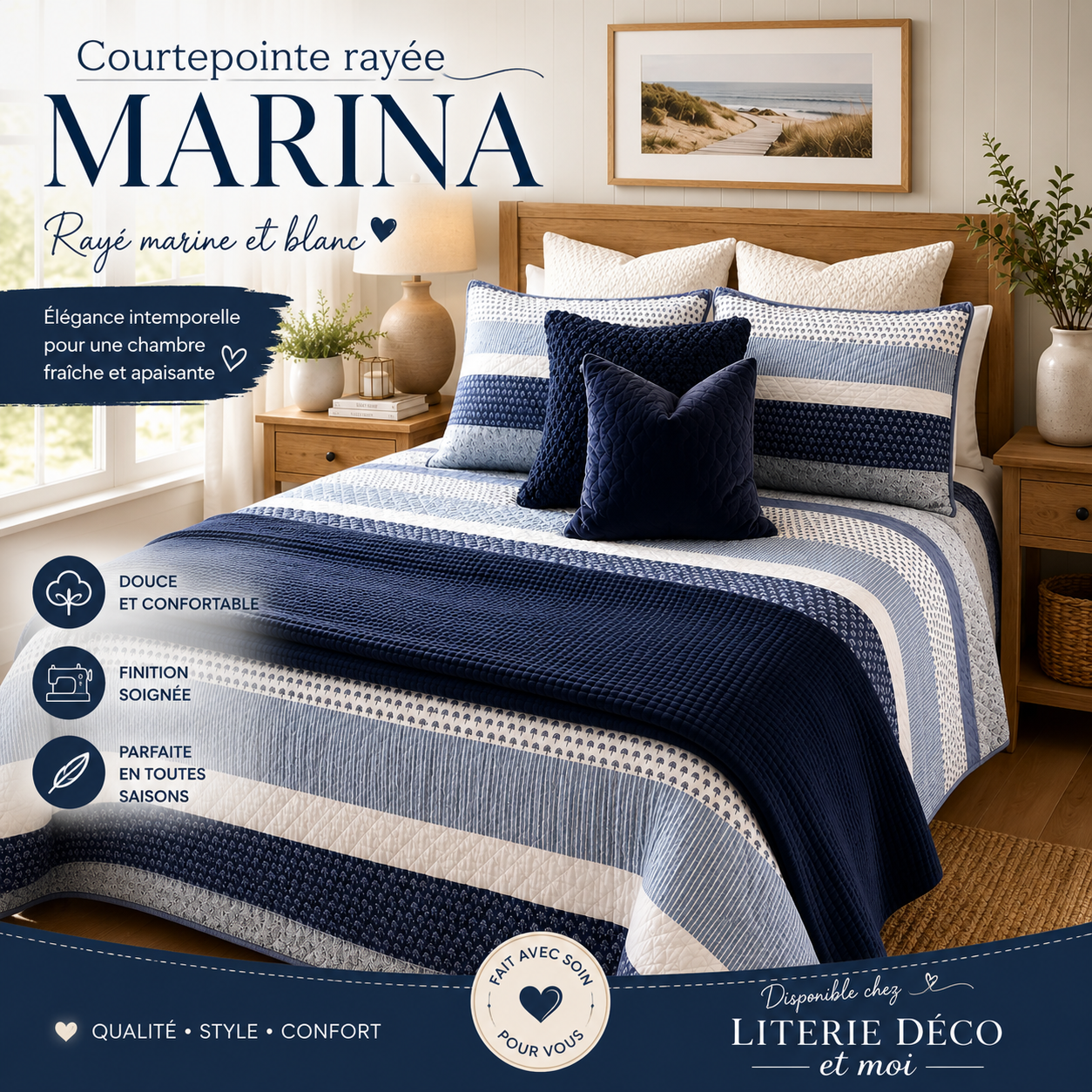 Courtepointe rayée Marina ( Rayé marine et blanc ) - Courtepointe Literie-Deco & moi - Literie-Déco et moi