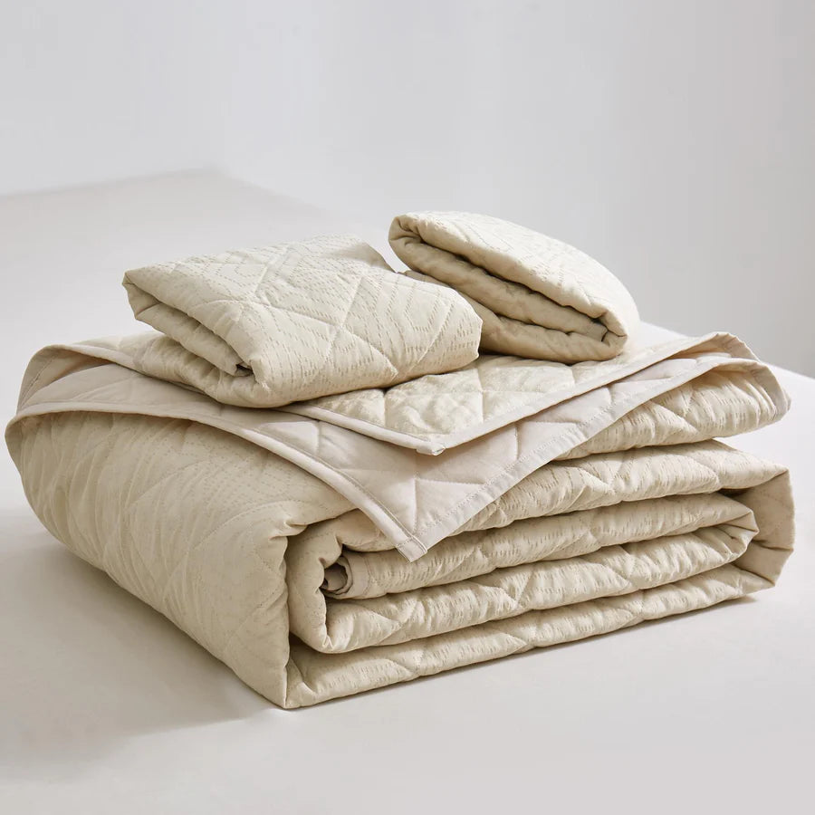 Ensemble courtepointe motifs géométrqiues Ventona Jacquard ( Beige )