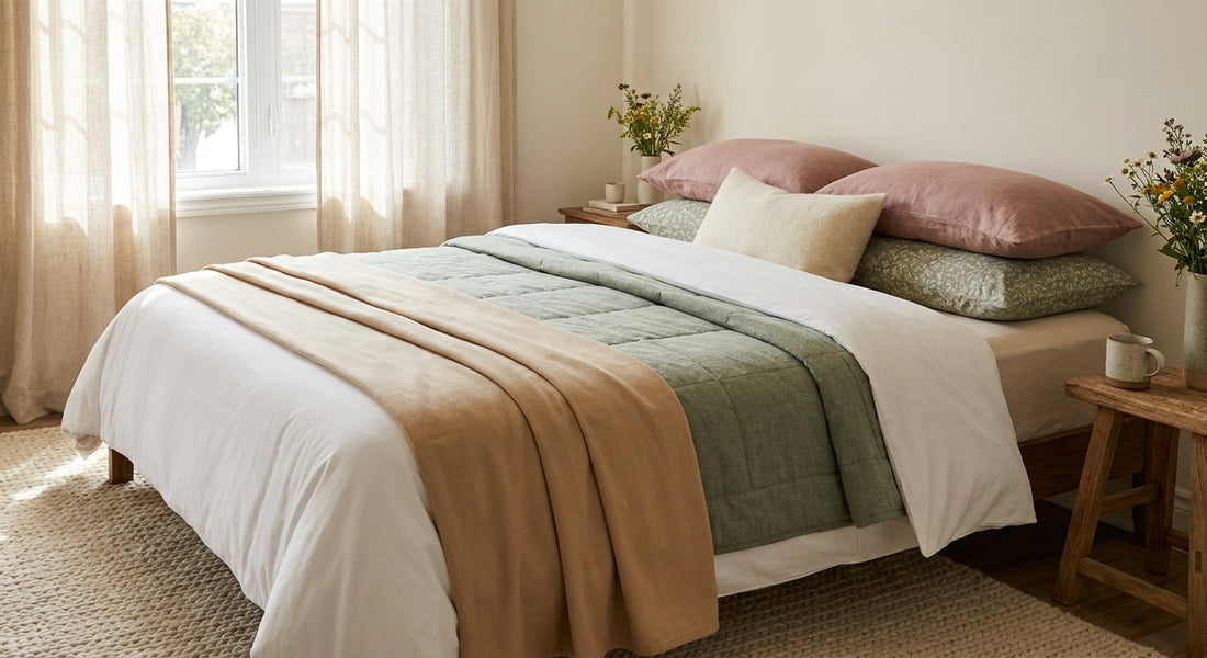 A cozy, well-lit bedroom with layers of different fabric sheets — percale, flannel, and bamboo — styled elegantly on a neatly made bed in warm neutral tones.
