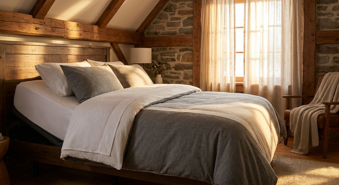 A cozy bedroom featuring an adjustable electric bed dressed in perfectly fitted custom white and grey sheets, bathed in warm morning light with natural wood accents.
