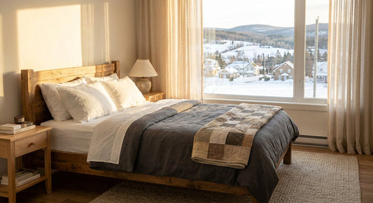 A cozy, elegantly made bed with artisan linen bedding in a warmly lit Quebec-style bedroom with a winter landscape visible through the window.