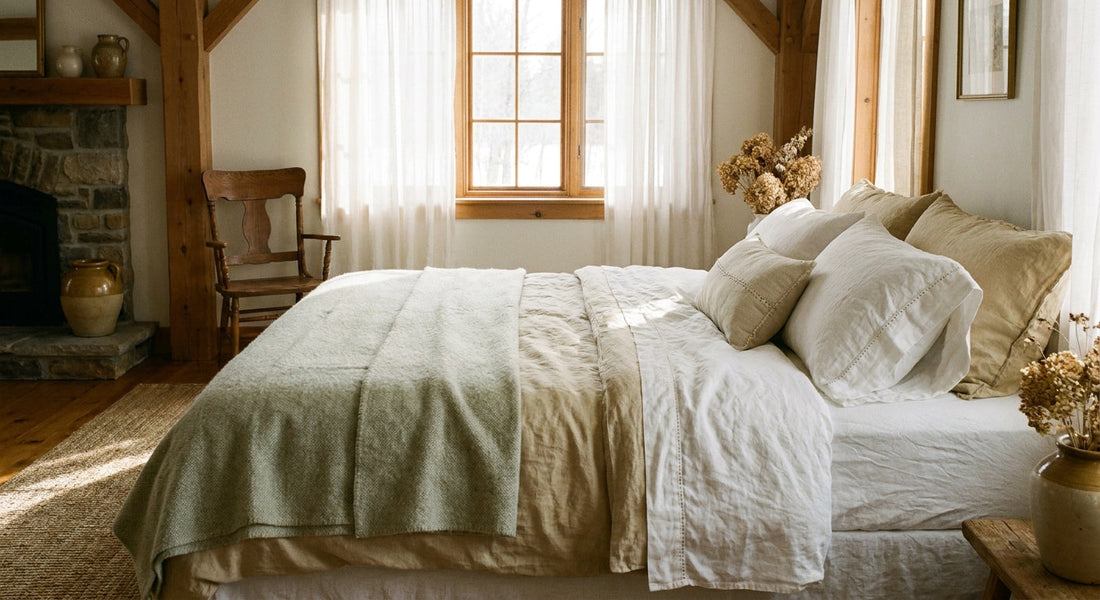 A neatly made bed with luxurious white and warm-toned linen sheets in a cozy, light-filled bedroom with natural wood accents.