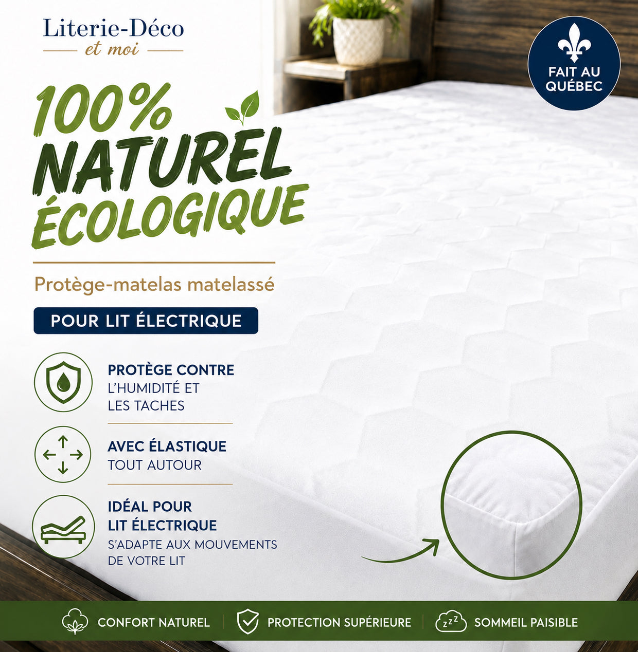 ( Fait au Québec )-Pour lit électrique- Protège-matelas matelassé 100% naturel écologique ( avec élastique tout autour) - protège-matelas Zénima - Literie-Déco et moi 