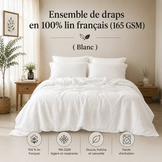 Ensemble de draps en 100 % lin français (165 g/m²) - Blanc - Draps Literie & Déco et moi - Literie-Déco et moi 