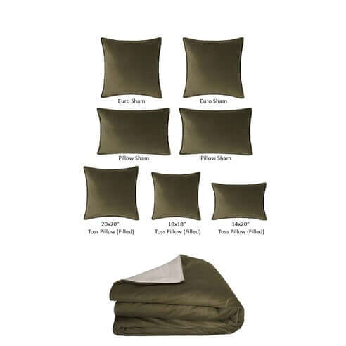 FAIT AU CANADA- Ensemble 8 pièces- VELOURS CASCADE( Olive ) - Par Colcha Linens Douillette, Couvre-lit, Housse de couette  ,disponible chez Literie-Déco et moi 