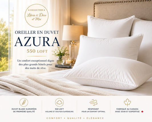 Fait au Canada ( Collection Literie & Déco et moi ) Oreiller en duvet blanc européen AZURA - Oreillers LITERIE & DÉCO ET MOI - Literie-Déco et moi