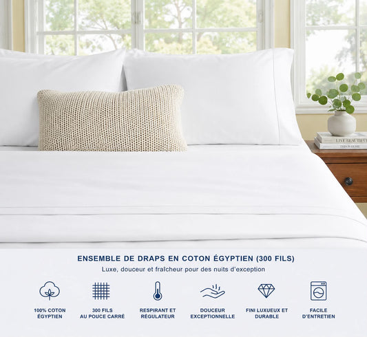 Ensemble de draps en coton égyptien (300 fils) -Blanc - Draps Literie & Déco et moi - Literie-Déco et moi 