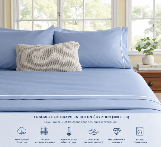 Ensemble de draps en coton égyptien (300 fils) - Bleu( LIVRAISON OCTOBRE 2026) - Draps Literie & Déco et moi - Literie-Déco et moi 