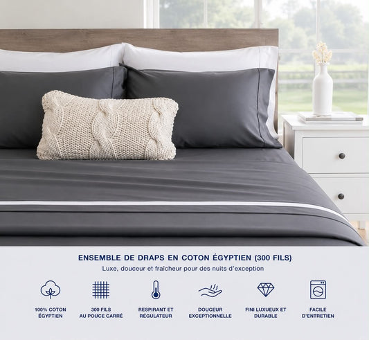 Ensemble de draps en coton égyptien (300 fils) -Gris Charcoal - Draps Literie & Déco et moi - Literie-Déco et moi 