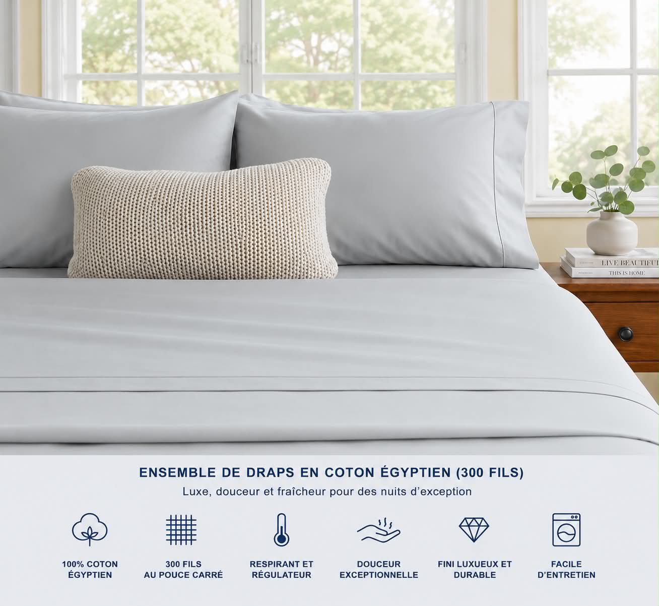 Ensemble de draps en coton égyptien (300 fils) - Gris Argent - Draps Literie & Déco et moi - Literie-Déco et moi 