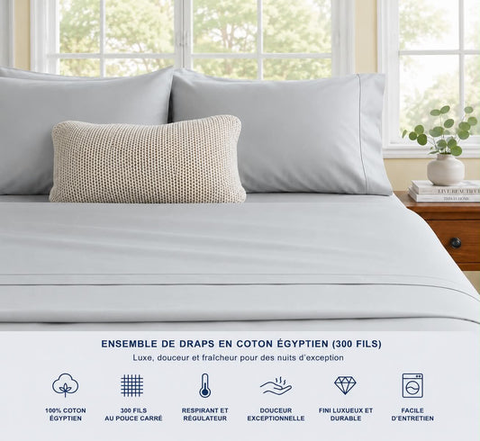 Ensemble de draps en coton égyptien (300 fils) - Gris Argent - Draps Literie & Déco et moi - Literie-Déco et moi 