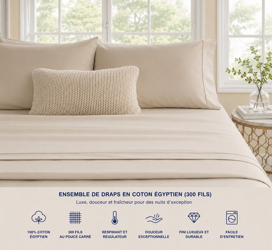 Ensemble de draps en coton égyptien (300 fils) - Beige Sable - Draps Literie & Déco et moi - Literie-Déco et moi 
