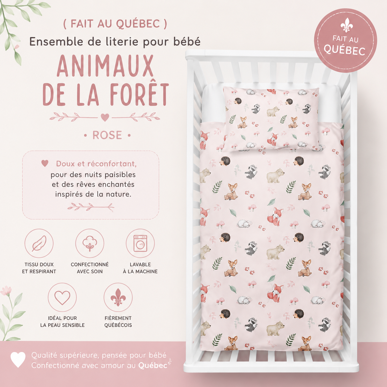 ( Fait au Québec) Ensemble de literie pour bébé- ANIMAUX DE LA FORET (Rose ) - housses de couette bébé Atelier la Fée - Literie-Déco et moi 