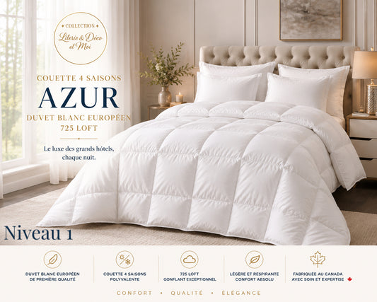 Fait au Canada- Couette AZUR  ( 4 saisons)-NIVEAU 1- Duvet blanc européen - 725+loft - Couettes LITERIE & DÉCO ET MOI - Literie-Déco et moi 