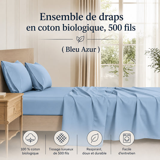 Ensemble de draps en coton biologique , 500 fils ( Bleu Azur ) - Draps Literie & Déco et moi - Literie-Déco et moi 