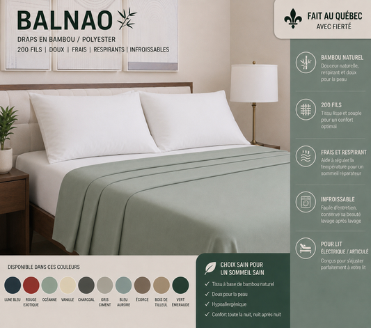 ( Fait au Québec )Ensemble draps rayonne de bambou / polyester BALNAO ( 220 fils) - Draps Zénima - Literie-Déco et moi 
