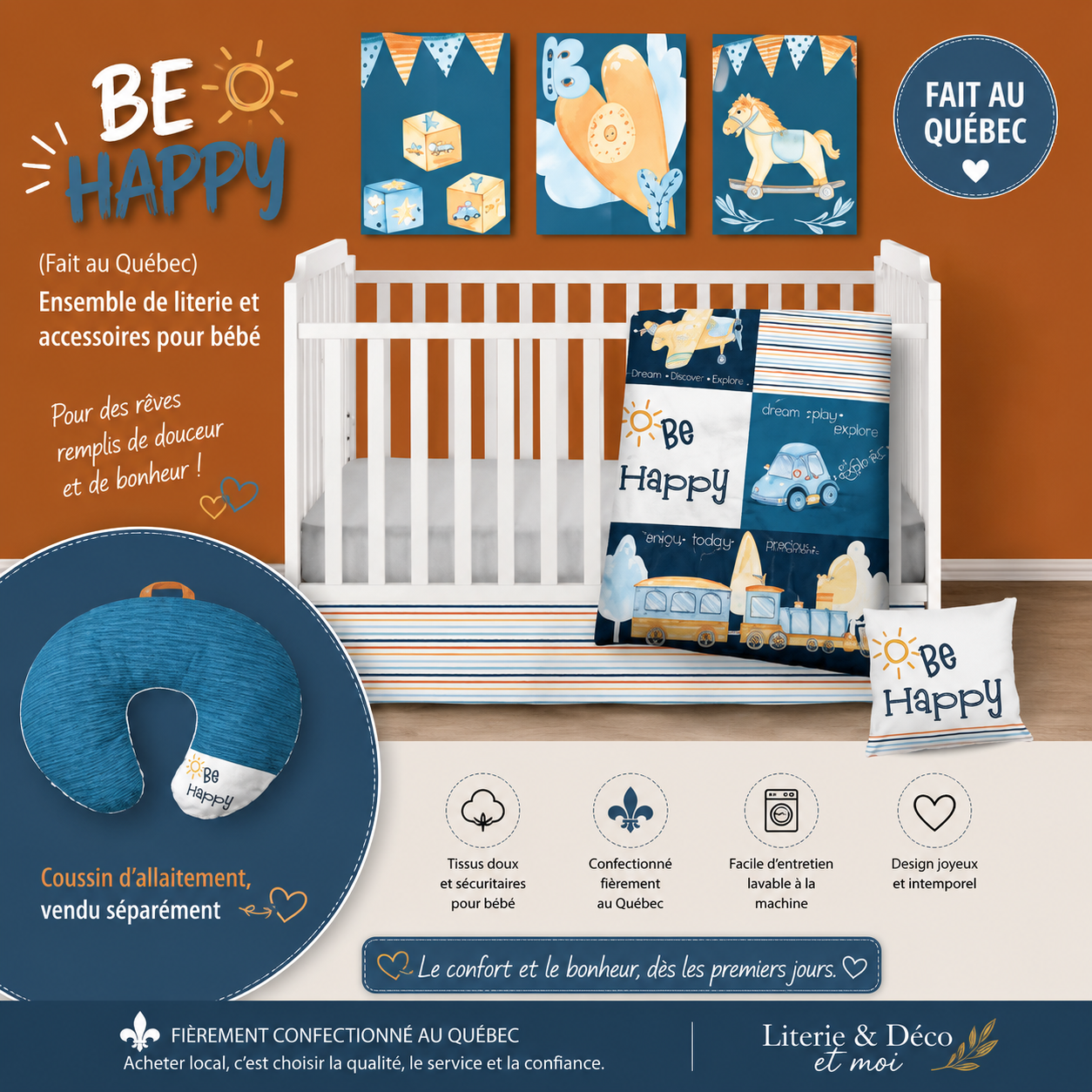 ( Fait au Québec) Ensemble de literie et accessoires pour bébé - BE HAPPY - Literie bébés Textile Patlin - Literie-Déco et moi 