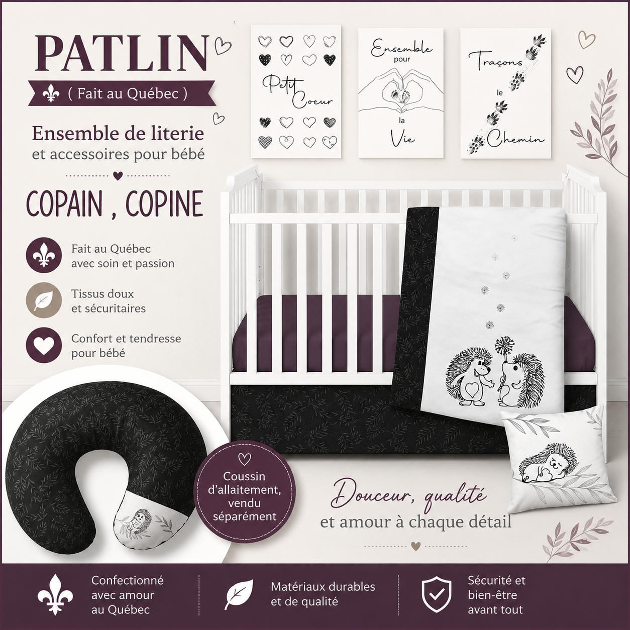 ( Fait au Québec) Ensemble de literie et accessoires pour bébé - COPAIN , COPINE - Literie bébés Textiles Patlin - Literie-Déco et moi 