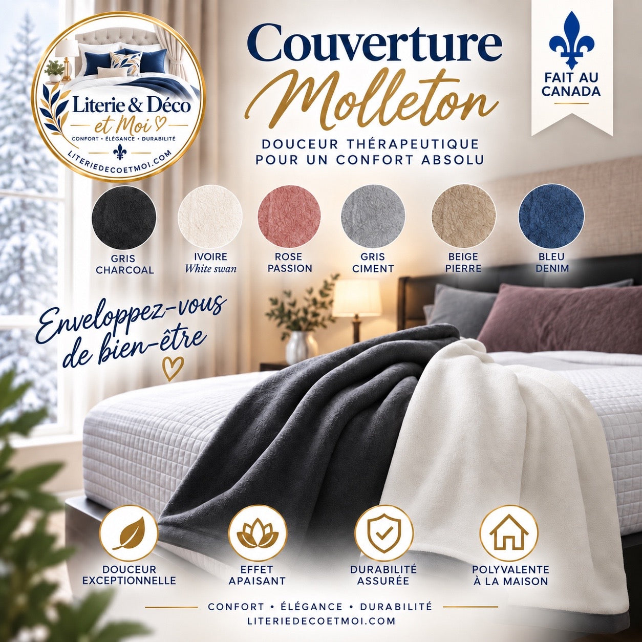 ( FAIT AU QUÉBEC) Couverture en Molleton ( 6 teintes disponibles ) - Couvertures Zénima - Literie-Déco et moi 