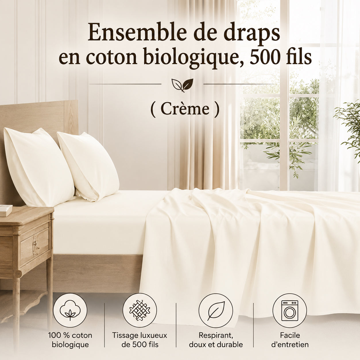 Ensemble de draps en coton biologique , 500 fils ( Crème ) - Draps Literie & Déco et moi - Literie-Déco et moi 