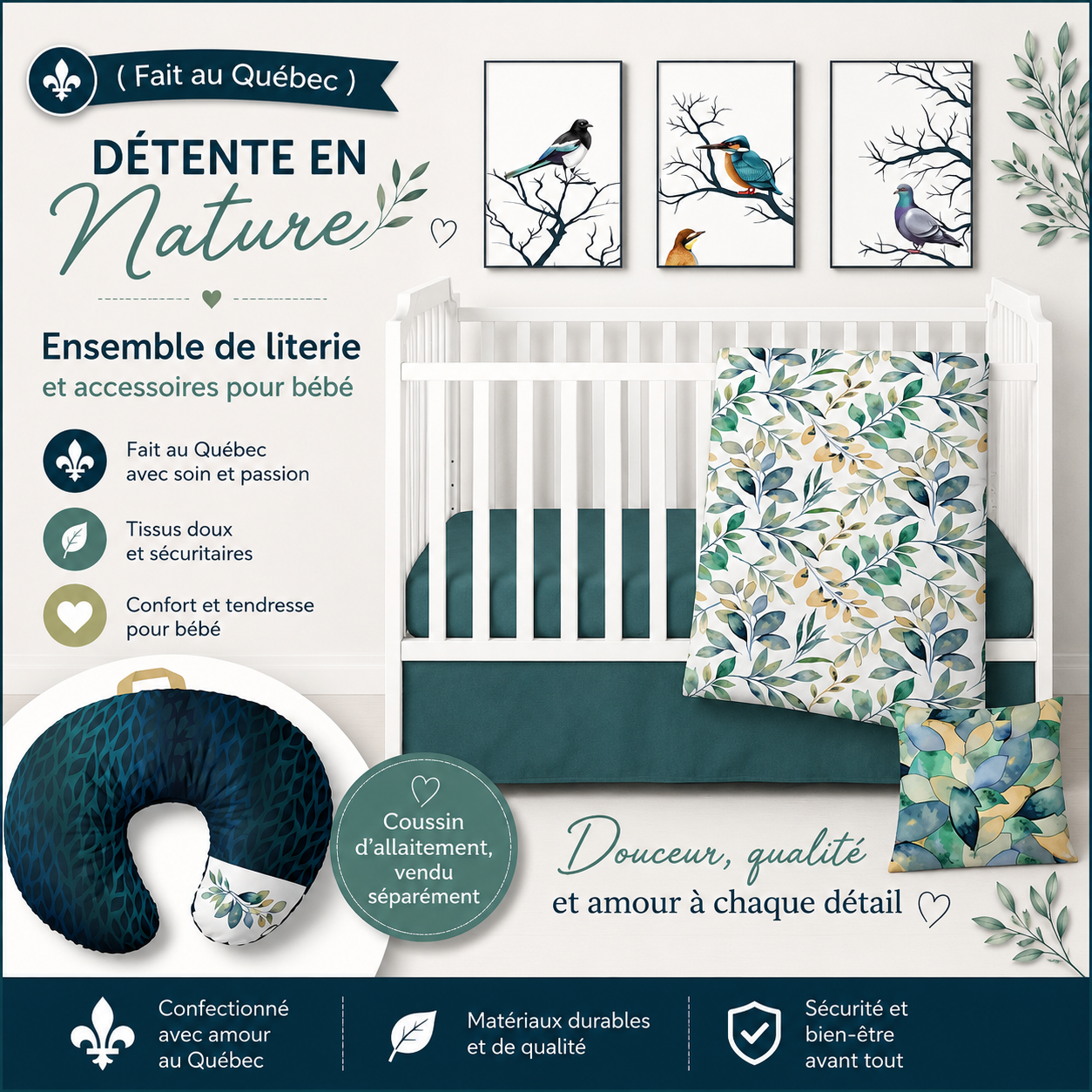 ( Fait au Québec) Ensemble de literie et accessoires pour bébé - DÉTENTE EN NATURE - Literie bébés Textile Patlin - Literie-Déco et moi 