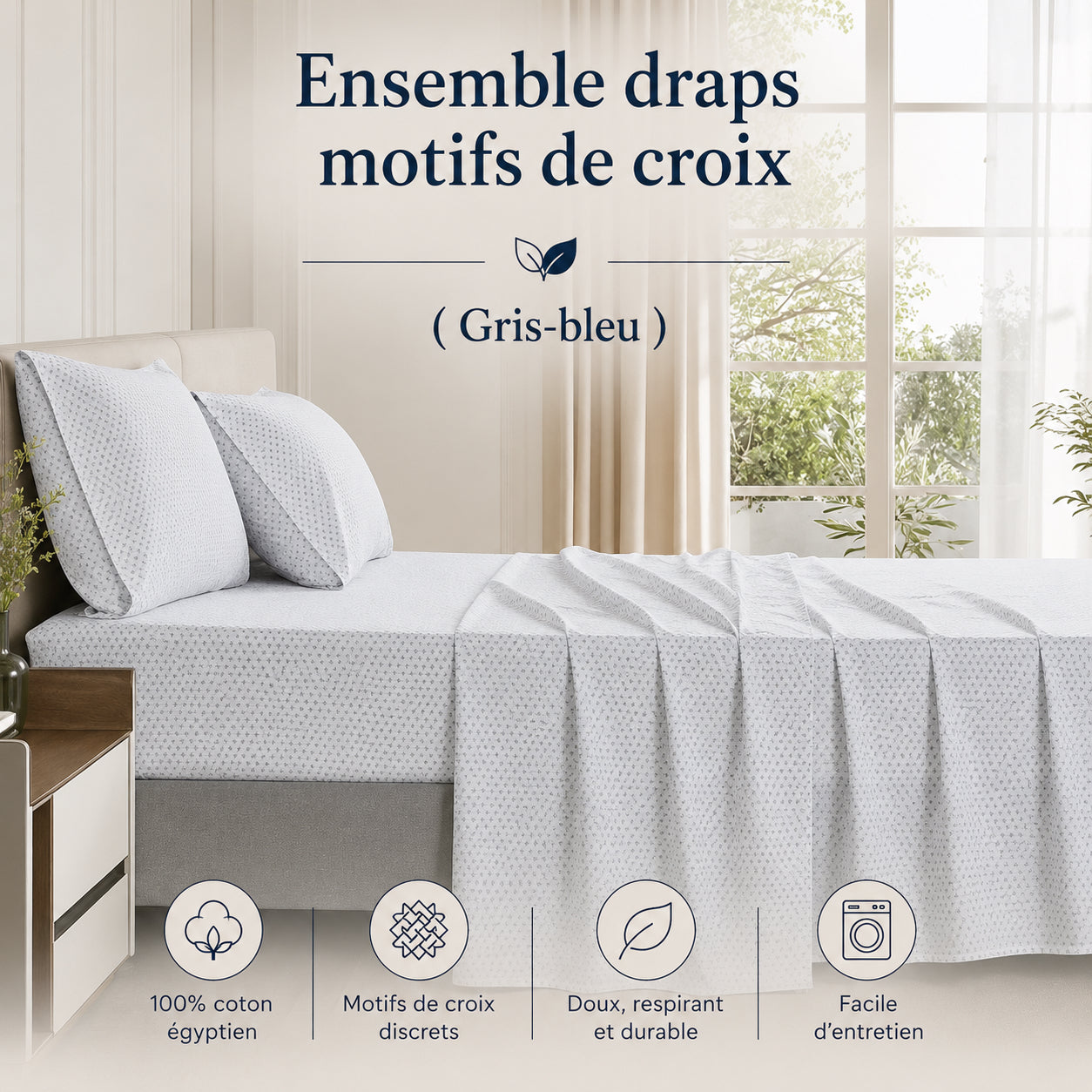 Ensemble de draps en coton motifs de croix ( Gris-bleu ) - Draps Literie & Déco et moi - Literie-Déco et moi 