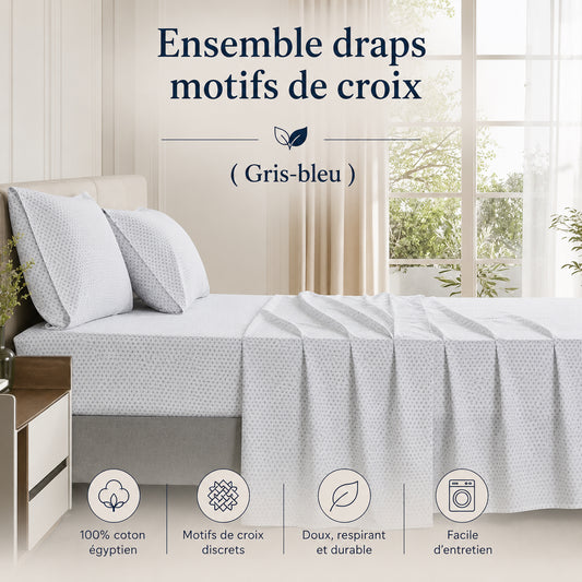 Ensemble de draps en coton motifs de croix ( Gris-bleu ) - Draps Literie & Déco et moi - Literie-Déco et moi 