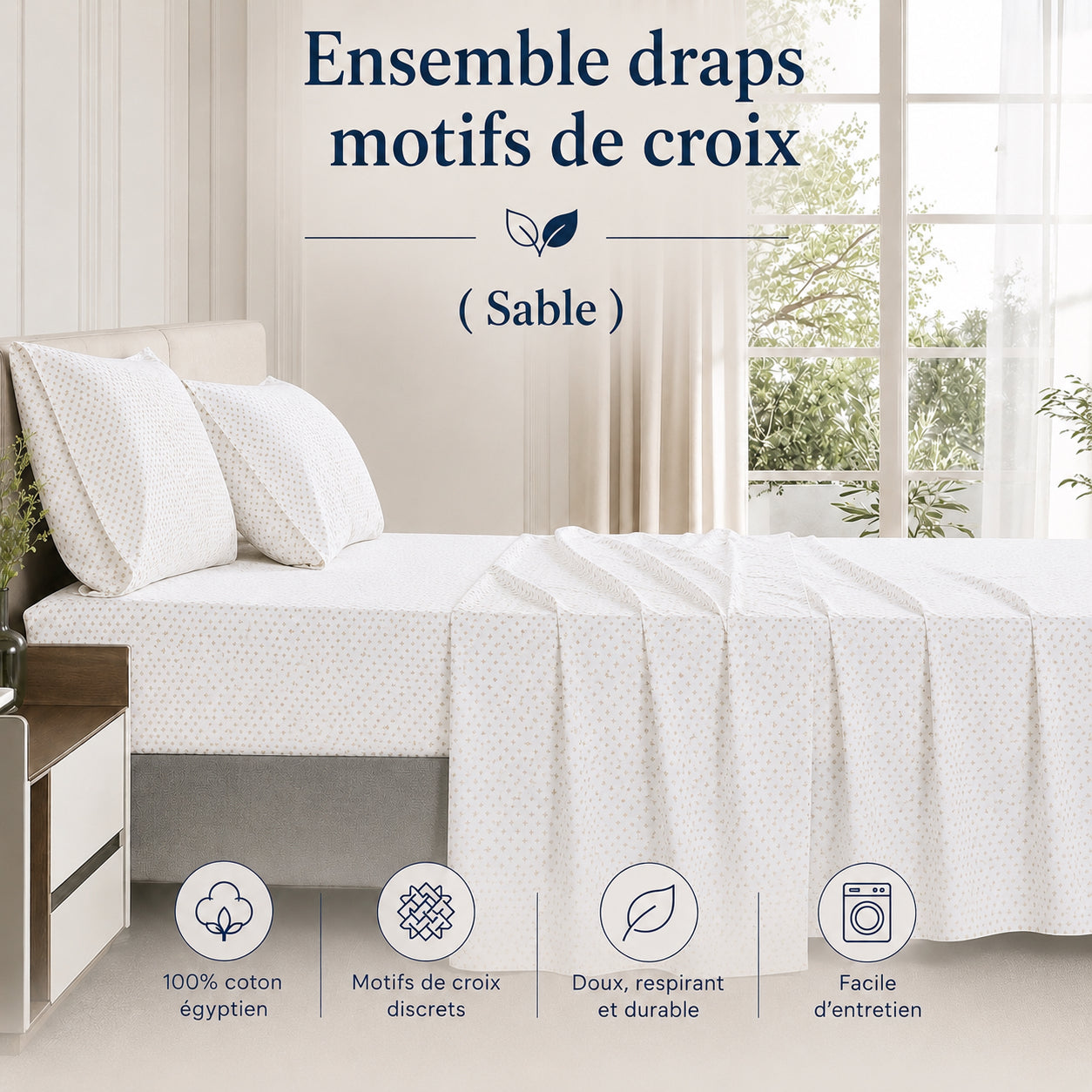 Ensemble de draps en coton motifs de croix ( Sable ) - Draps Literie & Déco et moi - Literie-Déco et moi 