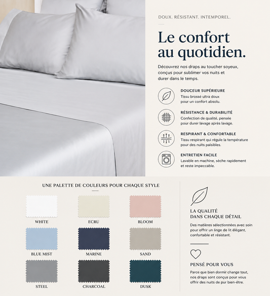 FAIT AU CANADA-Drap plat 100% satin coton (500 fils) -Par Cuddle Down (9 teintes disponibles) - DRAPS Cuddle Down - Literie-Déco et moi 