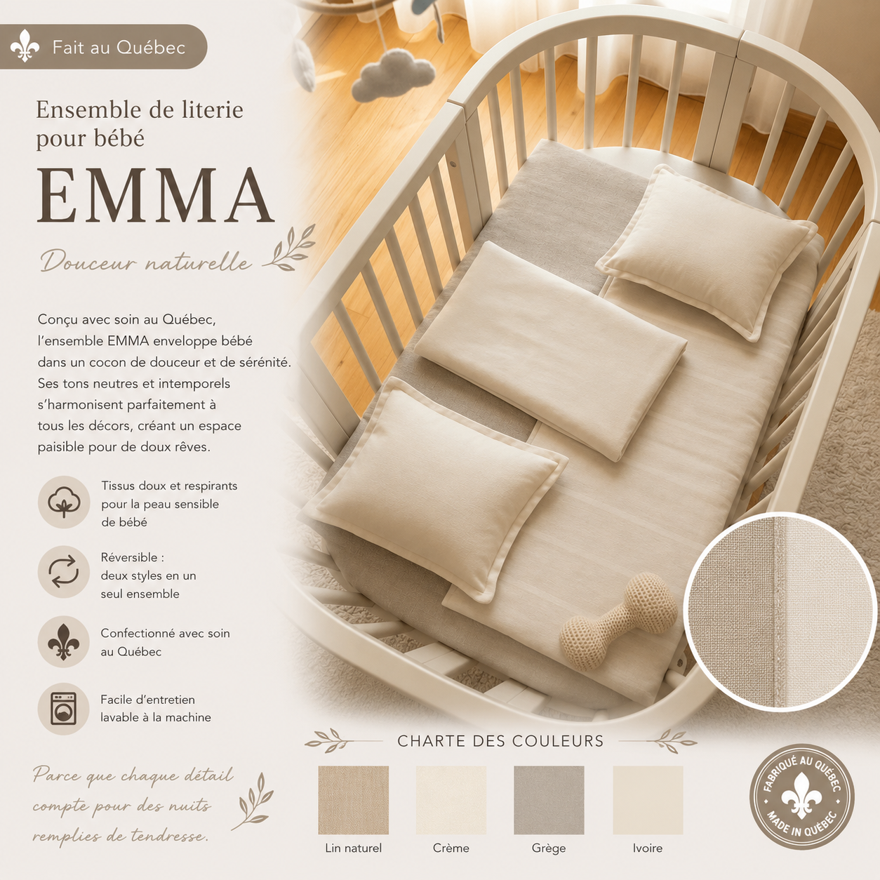 (Fait au Québec) Ensemble de literie pour bébé EMMA - Douillette bébé Chéné-Sasseville - Literie-Déco et moi 