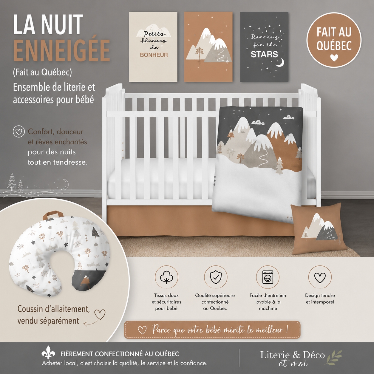 ( Fait au Québec) Ensemble de literie et accessoires pour bébé - LA NUIT ENNEIGÉE - Literie bébés Textiles Patlin - Literie-Déco et moi 