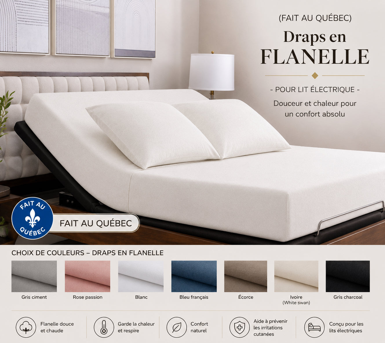 (FAIT AU QUÉBEC) -Drap-housse en FLANELLE-Pour lit électrique-JUMEAU XL, QUEEN OU KING - Draps Zénima - Literie-Déco et moi 