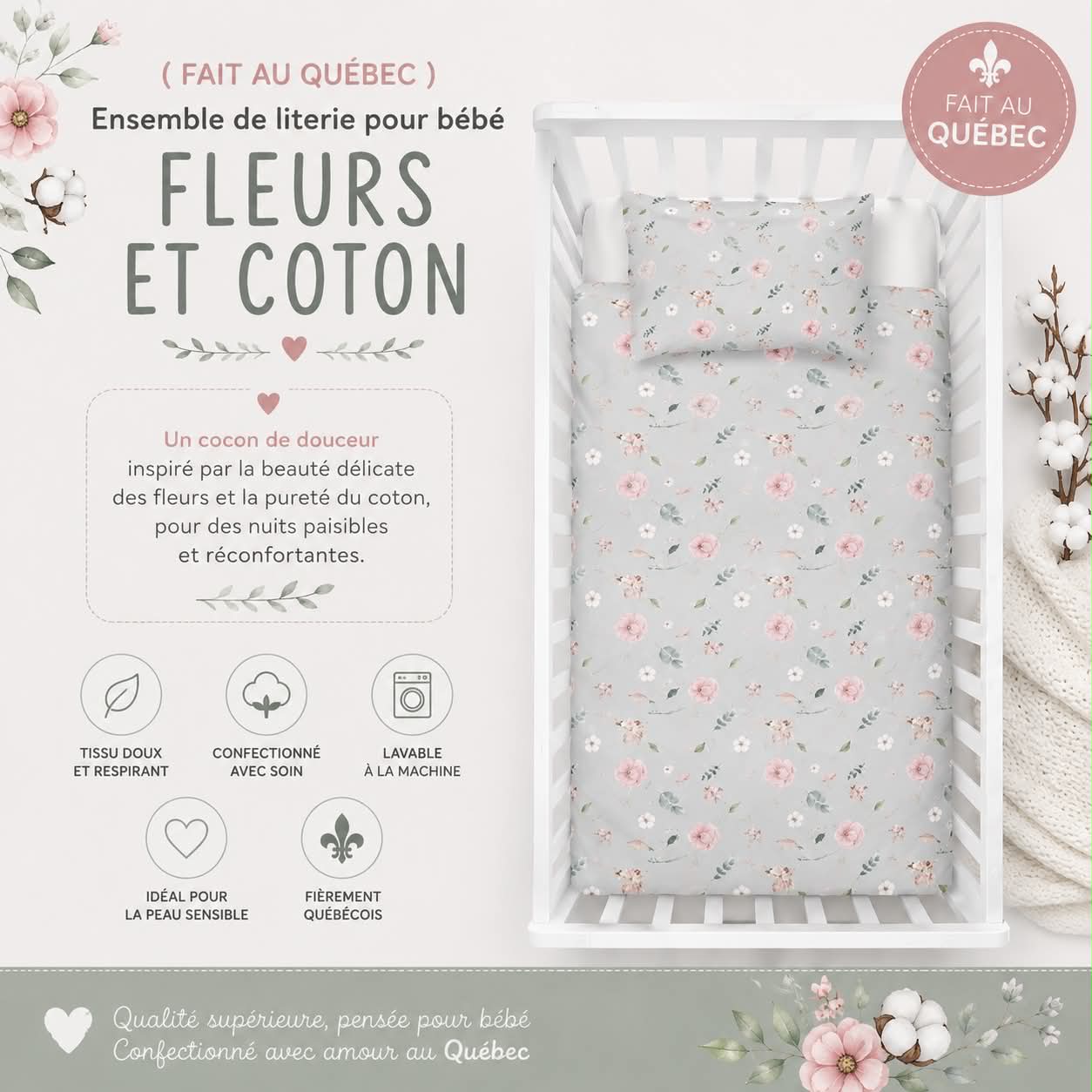 ( Fait au Québec) Ensemble de literie bébé- FLEURS ET COTON - housses de couette bébé Atelier la Fée - Literie-Déco et moi 