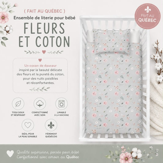 ( Fait au Québec) Ensemble de literie bébé- FLEURS ET COTON - housses de couette bébé Atelier la Fée - Literie-Déco et moi 