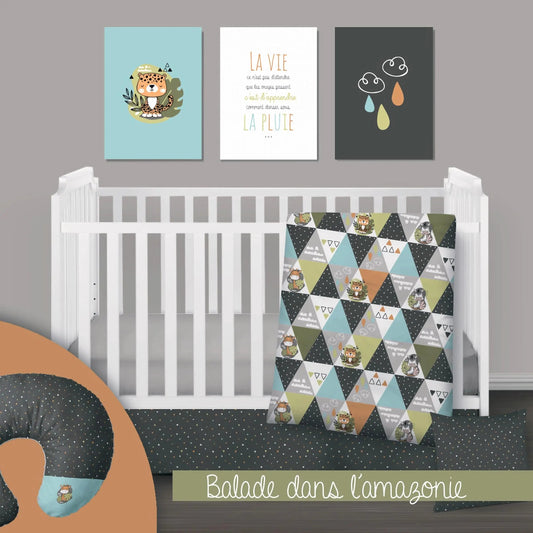 ( Fait au Québec) Ensemble de literie et accessoires pour bébé - BALADE DANS L'AMAZONIE Literie bébés  ,disponible chez Literie-Déco et moi 
