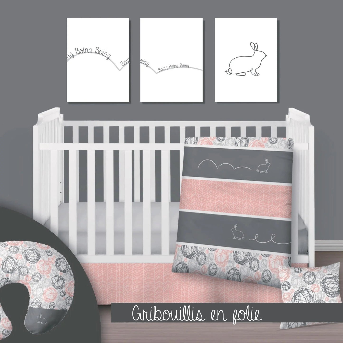 ( Fait au Québec) Ensemble de literie et accessoires pour bébé - GRIBOUILLIS EN FOLIE Literie bébés  ,disponible chez Literie-Déco et moi 