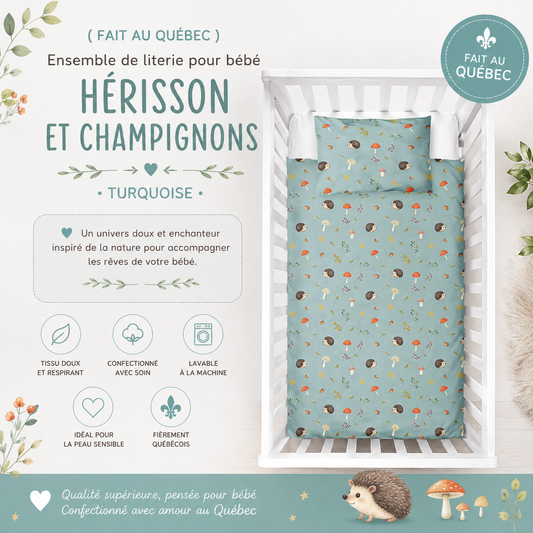 ( Fait au Québec) Ensemble de literie pour bébé- HÉRISSON ET CHAMPIGNONS ( Turquoise) - housses de couette bébé Atelier la Fée - Literie-Déco et moi 