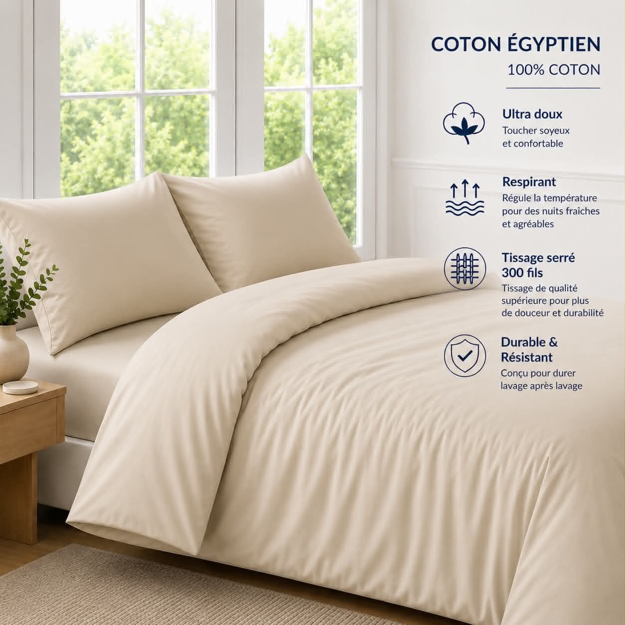 Housse de couette en coton égyptien( 300 fils )- Beige Sable - Housse de couette Literie & Déco et moi - Literie-Déco et moi 
