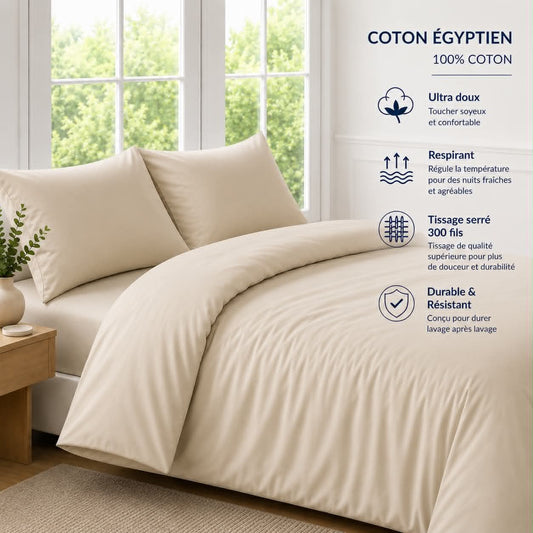 Housse de couette en coton égyptien( 300 fils )- Beige Sable - Housse de couette Literie & Déco et moi - Literie-Déco et moi