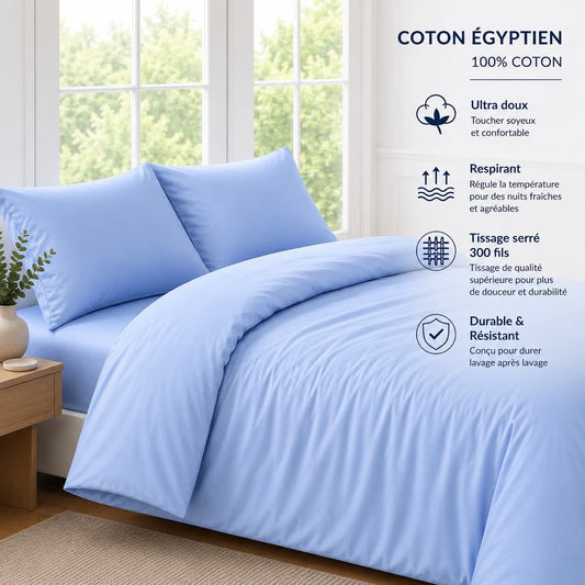 Housse de couette en coton égyptien (300 fils) - Bleu ( LIVRAISON OCTOBRE 2026) - Housse de couette Literie & Déco et moi - Literie-Déco et moi