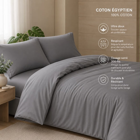 Housse de couette en coton égyptien (300 fils) - Gris Charcoal - Housse de couette Literie & Déco et moi - Literie-Déco et moi