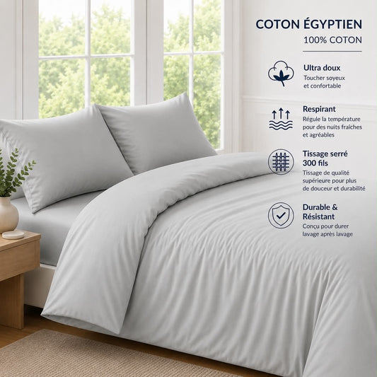 Housse de couette en coton égyptien( 300 fils )- Gris Argent - Housse de couette Literie & Déco et moi - Literie-Déco et moi 